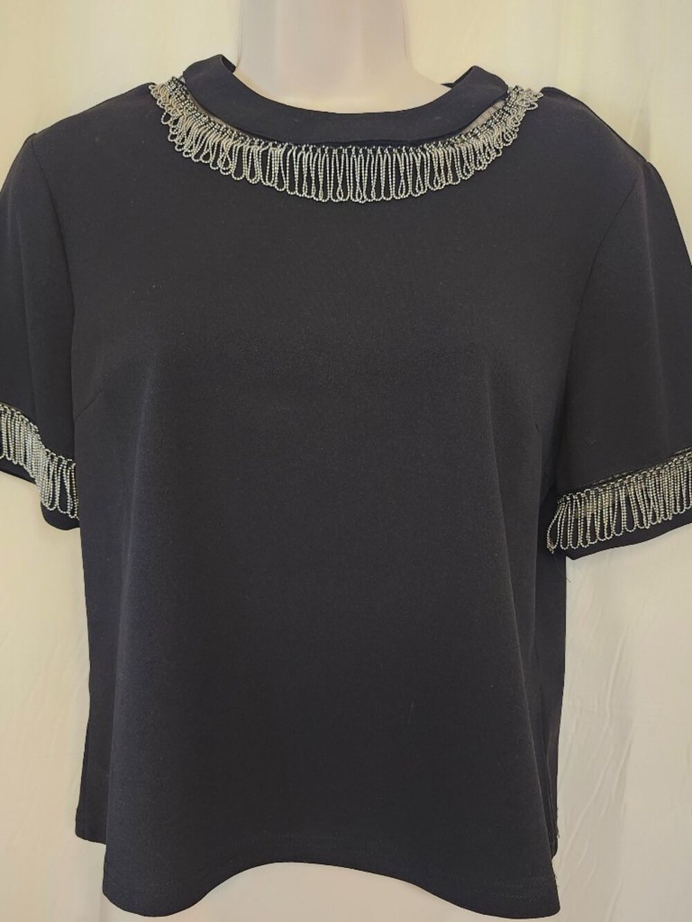INA Black Short Sleeve Round Neck Metal Fringe Trimmed Blouse Sz M